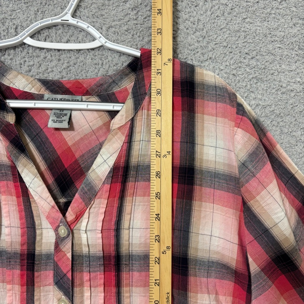 Everyday Comfortable Plaid Button Front Blouse Cotton Blend Lightweight Plus 2X - Picture 9 of 9
